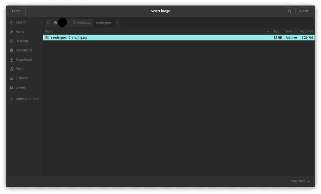 select downloaded seedsigner image