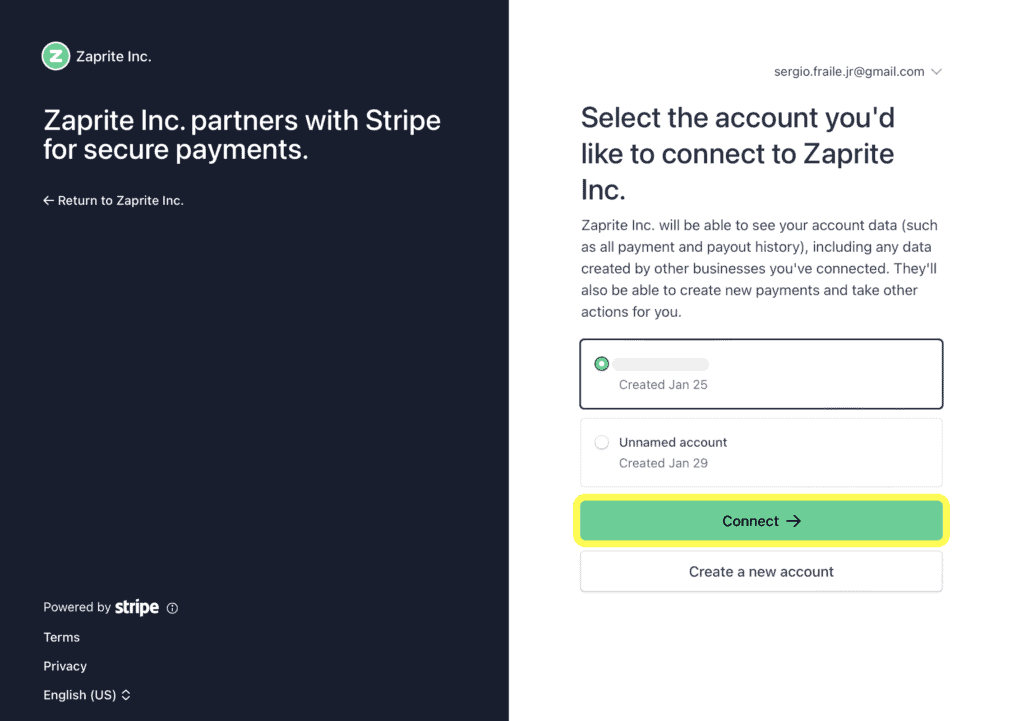 select stripe account and click copnnect