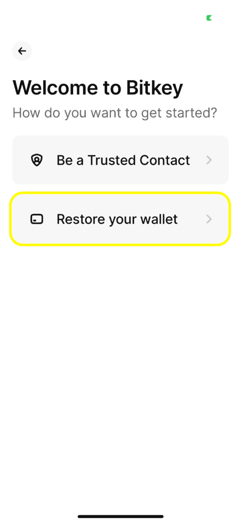 welcome to bitkey app screen, tap restore your wallet